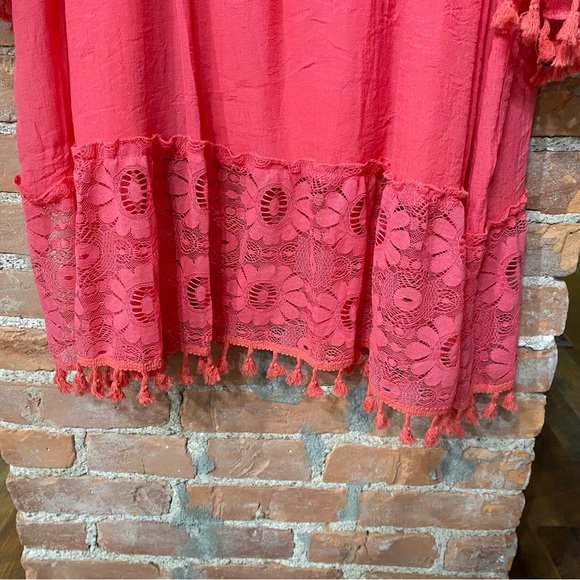 EUC Coral Boho Tassel Dress w/Cold Shoulder and Lace Trim Details Tiered Skirt - Picture 6 of 6